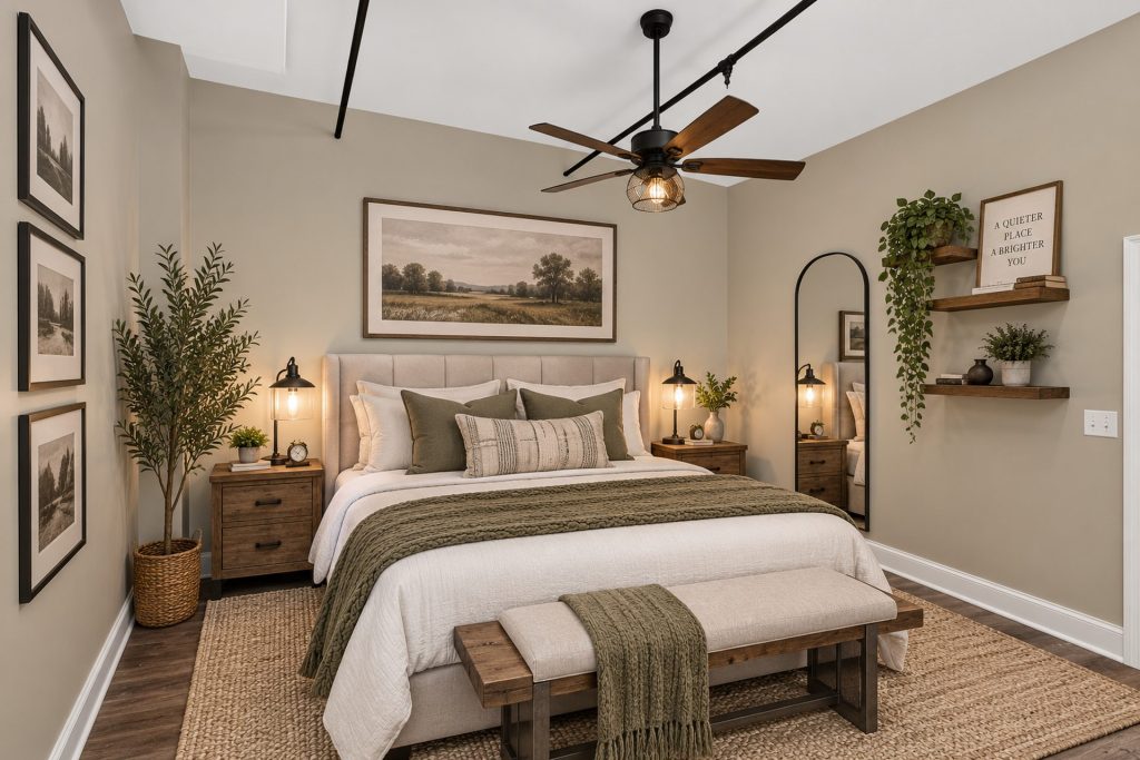Virtually staged Belk Hudson Lofts bedroom, Moultrie, GA
