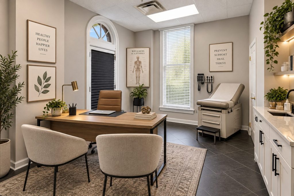 Virtually staged Colquitt Tower Suite 104 private office, Moultrie, GA