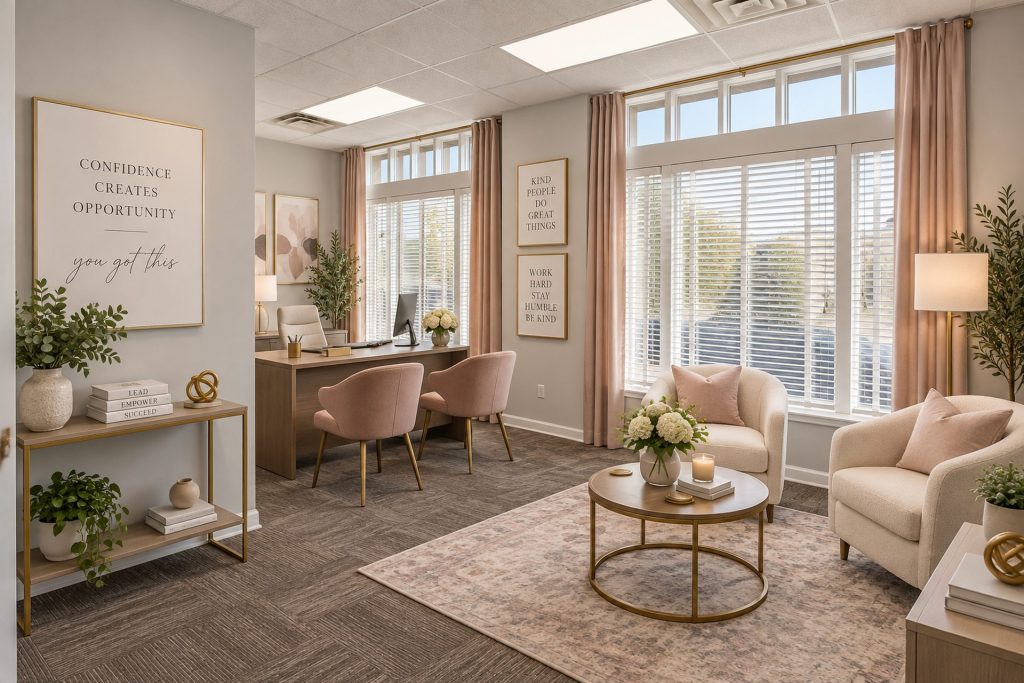 Virtually staged Colquitt Tower Suite 104 waiting area, Moultrie, GA