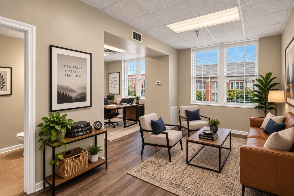 Virtually staged Colquitt Tower Suite 205 open office, Moultrie, GA
