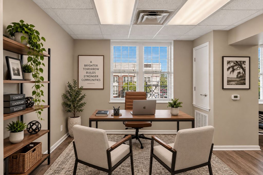 Virtually staged Colquitt Tower Suite 205 private office, Moultrie, GA