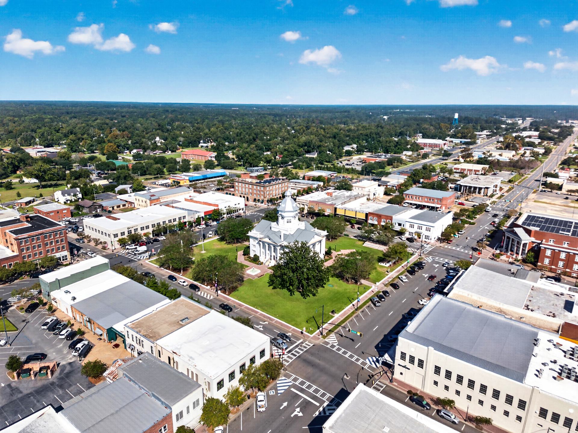 Aerial view of downtown Moultrie and the courthouse square